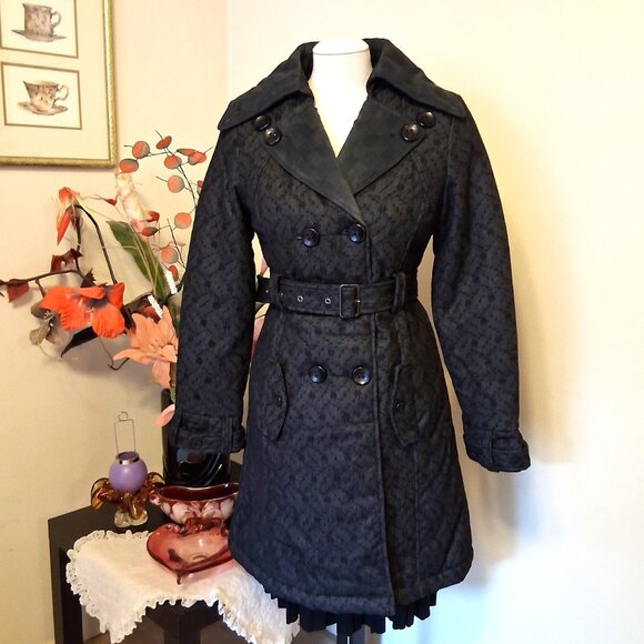 NWT I.AM.GIA Classic Double-Breasted Dark Gray Black Floral Lined Trench Coat - Picture 2 of 15